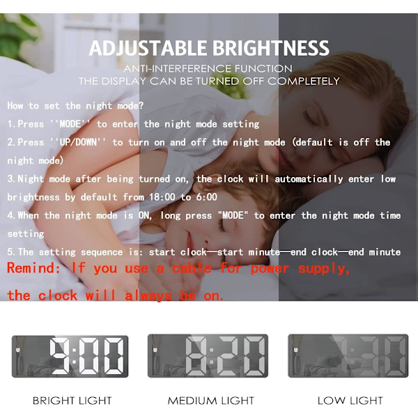 Väggklocka med stor LED-display, digital klocka med temperaturvisning, justerbar ljusstyrka, röststyrning, 12/24-timmarsvisning, liten skrivbordsklocka black+rgb