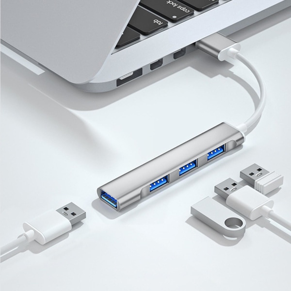Mini USB-hubbtillägg, 4-portars USB, USB-adapterstation, ultraslim bärbar datahubb, USB-splitter i aluminium