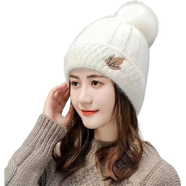 Dametøj Beanie Hat med Pom Pom Fleeceforet Vinterhat Blød Varmt Sød Skull Beanie Hat til Koldt Vejr