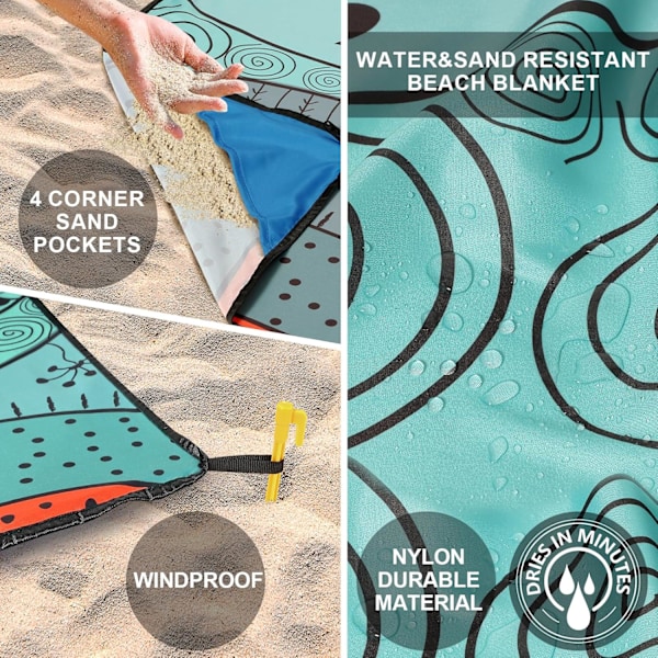 Strandtæppe, sandtæt strandmåtte, vandtæt hurtigtørrende letvægts Aztec picnicmåtte 200 x 210 cm til 2-4 voksne med lomme