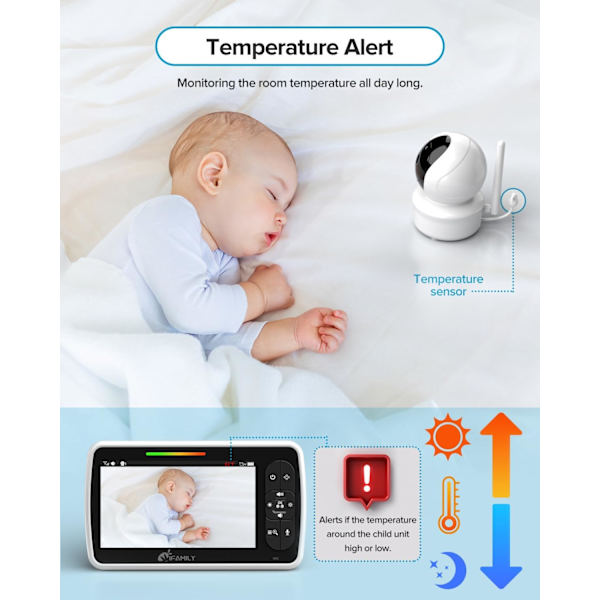 Babyalarm - Stor 5\" skærm med 30 timers batterilevetid - Fjernbetjent panorering-tilt-zoom; Ingen WiFi, tovejs lyd, nattesyn, temperatur, vuggeviser, 960ft Lo