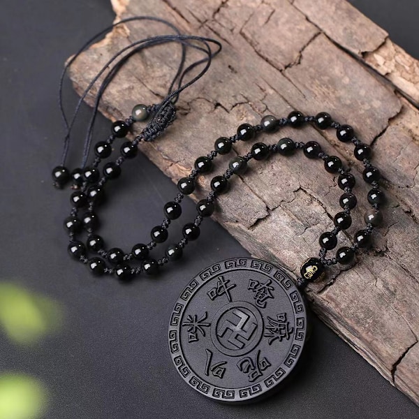 Obsidian Tibetansk buddhistisk mantra Om Mani Padme Hum halsband för män kvinnor  Skyddshelgon amulett hänge