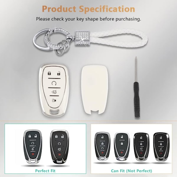 Nyckelringsskydd för Chevy Keychain Bling Vit Silver TPU 5 Knappars Bilnyckelfodral Skal Skydd för Chevrolet Equinox Traverse Blazer Trailblazer