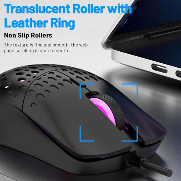 Trådbunden Spelmus, Lättvikts RGB Spelmus, 4 Justerbara DPI Upp till 3600, 6 Programmerbara Knappar, Ergonomisk Datormus för Windows/PC/Mac