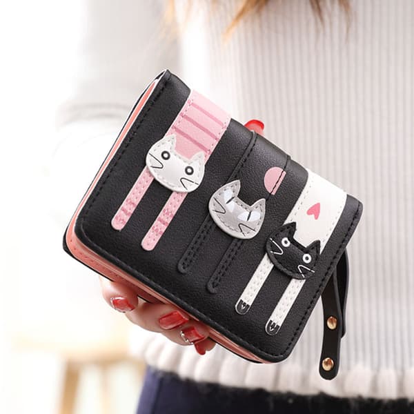 Sød Kattepung til Kvinder, Bifold Tegnebog Clutch Taske black