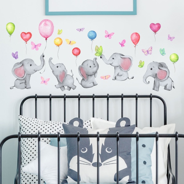 Väggdekor för vackra elefanter, färgglada tecknade väggdekorationer för fjärilar, avtagbara väggdekorationer för gör-det-själv för barns sovrum, heminredning
