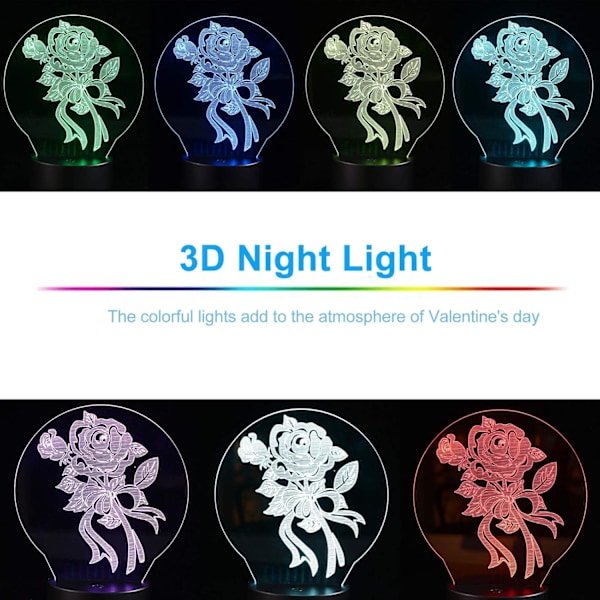3D Rose Blomst Optisk Illusionslampe 7 Farger Skiftende LED 3D Nattelys Bordlampe, Berøringskontroll, for Hjem Sengbord Bursdag Valentinsdag Gave