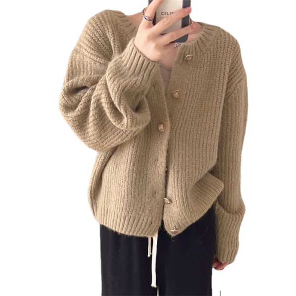 Kofta för kvinnor Cardigan Knapp Öppen Fram Crewneck Topp