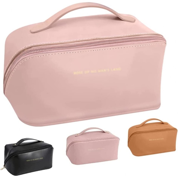 Multifunktionell sminkväska för förvaring PU-läder sminkväska, med handtag och avdelare kosmetikapåsar för kvinnor (rosa)
