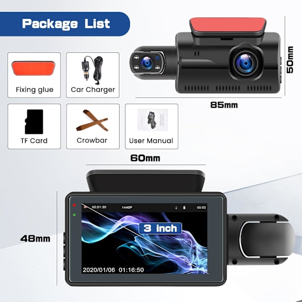 Dashcam til for- og indvendig med 32 GB SD-kort, 3 tommer IPS-skærm, dobbelt dashcam til biler, nattesyn, G-sensor, parkeringsmonitor, Motio