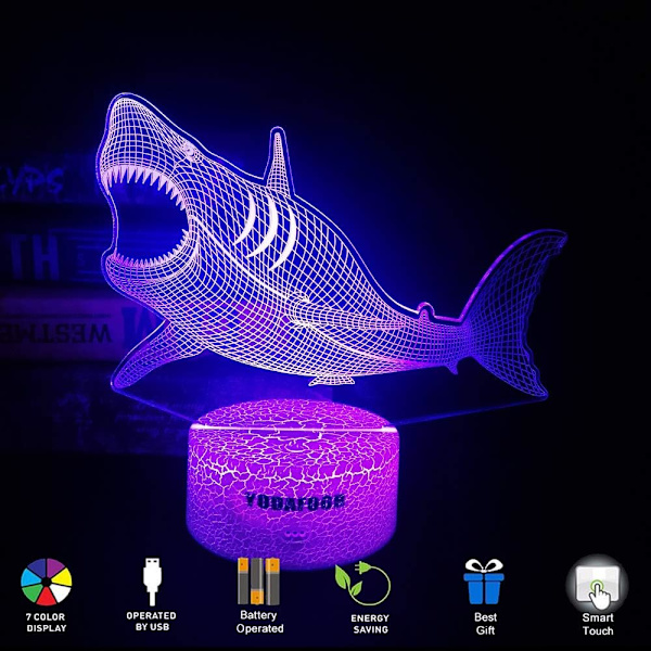 3D Illusion Haj Nattlampa för Barn Megalodon Haj Leksak Jul Födelsedagspresenter för Pojkar Flickor Barn Baby 7 Färger Fjärrkontroll Skrivbordslampa