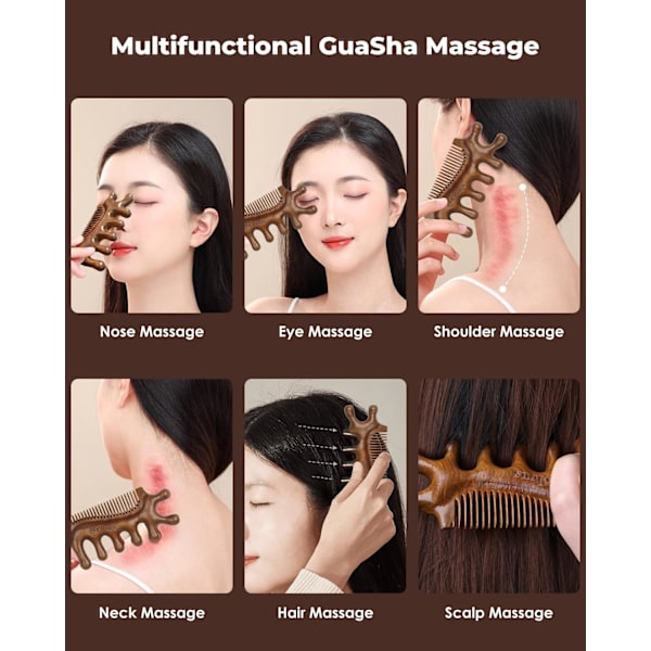 4 i 1 Sandelträ Gua Sha Massager, Skrapningsmassagekam, Meridianverktyg för hår, ansikte, ögonnacke kroppsmassage 1 4 IN 1 Gua Sha Massager