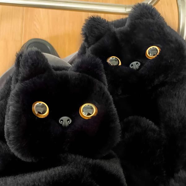 Furry vantar för damer med fleecefoder, termiska mjuka vinterhandskar för kallt väder, Kawaii kattplyschdesign, svart