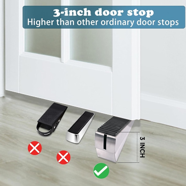 WJSMSterkeste store dørstopper - Heavy Duty dørstopp kile høye dørstoppere for bunnen av døren, 3 tommer høy justerbar fjærbelastet dørstopper Silver 1 Pack