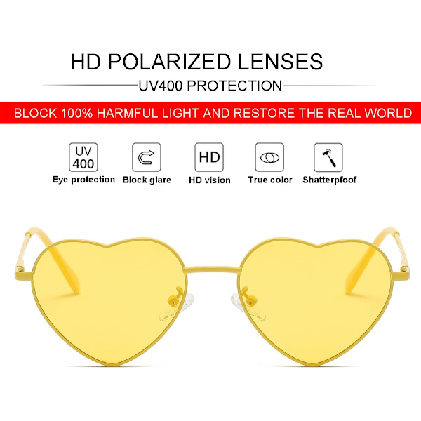 Polariserede hjerteformede solbriller til kvinder - Fashion Lovely Style Metal Frame UV400 beskyttelsesglas All Yellow 54 Millimeters