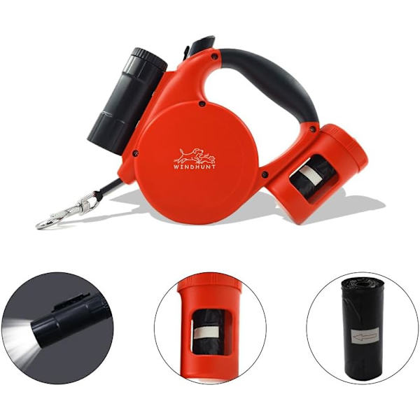 Inntrekkbar hundekobbel med lommelykt, dispenser og hundepose, slitesterk nylonbånd for små, mellomstore hunder og katter, enhåndsbrems og lås. 360°Tang red