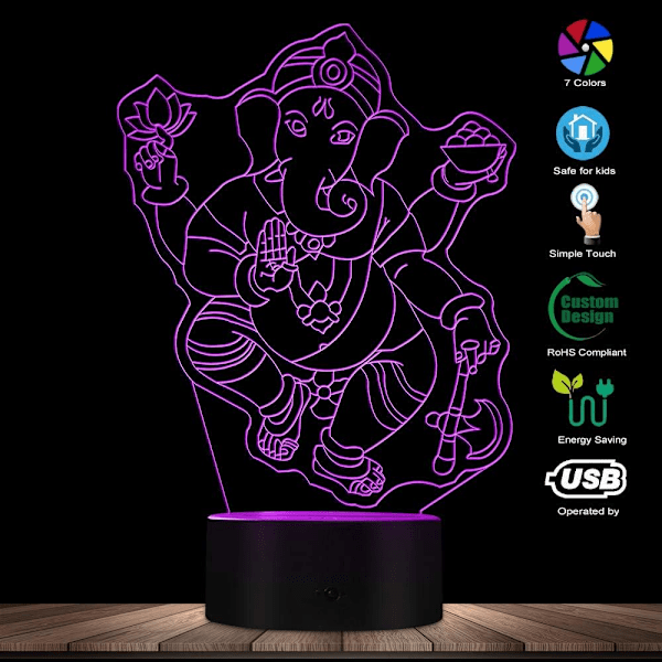 3D Ganesha-elefantti Hindu-valaisin pöytälamppu Ganesha Hindu Jumala LED-yövalo Henkinen Ganapati Uskonnollinen Elefantti Koristeellinen Valolamppu