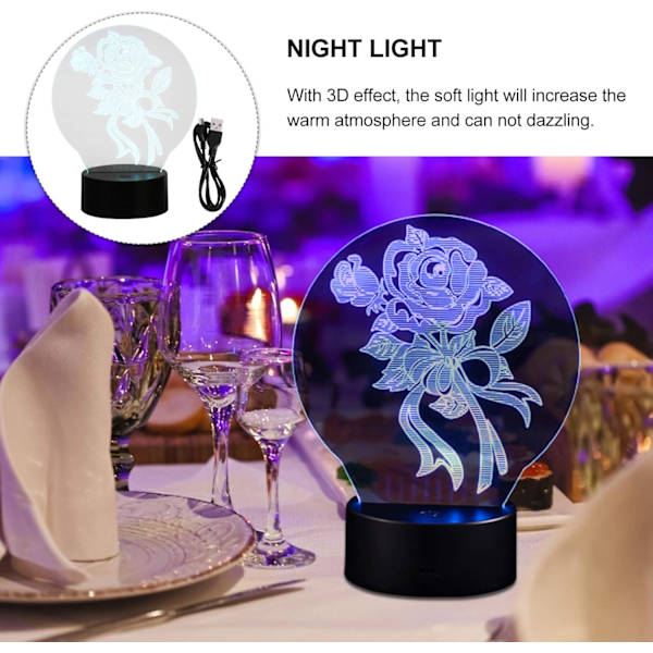 3D Rose Blomst Optisk Illusionslampe 7 Farger Skiftende LED 3D Nattelys Bordlampe, Berøringskontroll, for Hjem Sengbord Bursdag Valentinsdag Gave