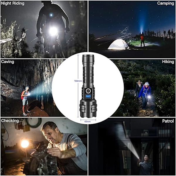 Superlys Super Bright Lommelygte Genopladelig, 100000 Lumen Powered LED Lommelygte Den klareste lommelygte til camping, nødsituation