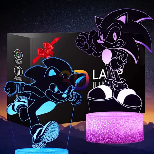 3D Sonic Anime Nattlampe - LED Illusionslampe med 2 Mønstre og 16 Fargeendringer, Dekorativ Bordlampe med Fjernkontroll, Kreativ Bursdags- og Julegave