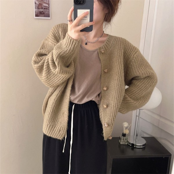 Kofta för kvinnor Cardigan Knapp Öppen Fram Crewneck Topp