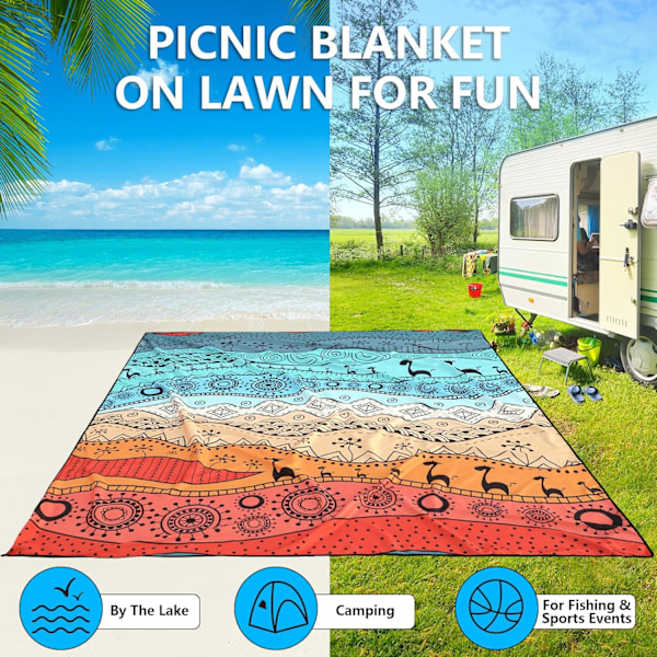 Rantapeitto, hiekkaa hylkivä rantamatto, vedenpitävä nopeasti kuivuva kevyt ulkoiluun sopiva Aztec-piknikmatto 200 x 210 cm 2-4 aikuiselle taskuilla