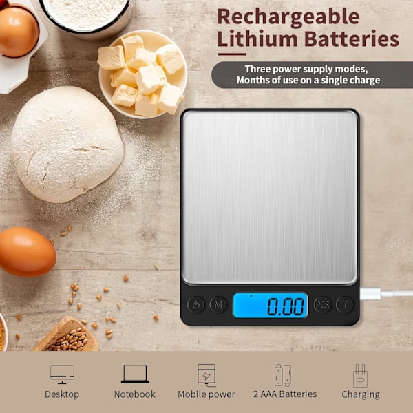 Liten digital gramvåg 1000g med 0,1g, SM-våg med hög noggrannhet för matuns och gram, uppgraderad USB-laddningsköksvåg digital vikt för Cooki