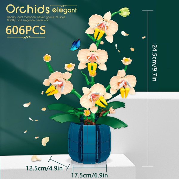 606 stycken orkidé bukett kombination byggstenar för vuxen skrivbordsdekoration Vackra gyllene orkidé byggstenar för barnens semestergåvor