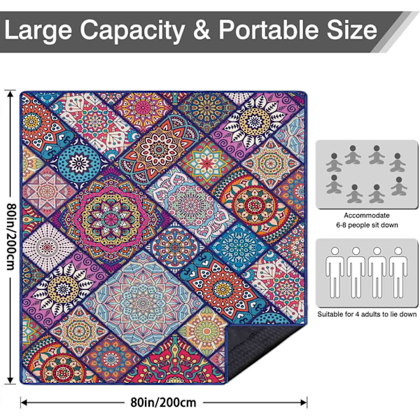 Vandtætte Picnic Tæpper Foldbare & Bærbare 203x203 cm Boho Picnic Måtte til Udendørs Brug, Stort Vaskbart Picnic Tæppe til Rejser og Camping