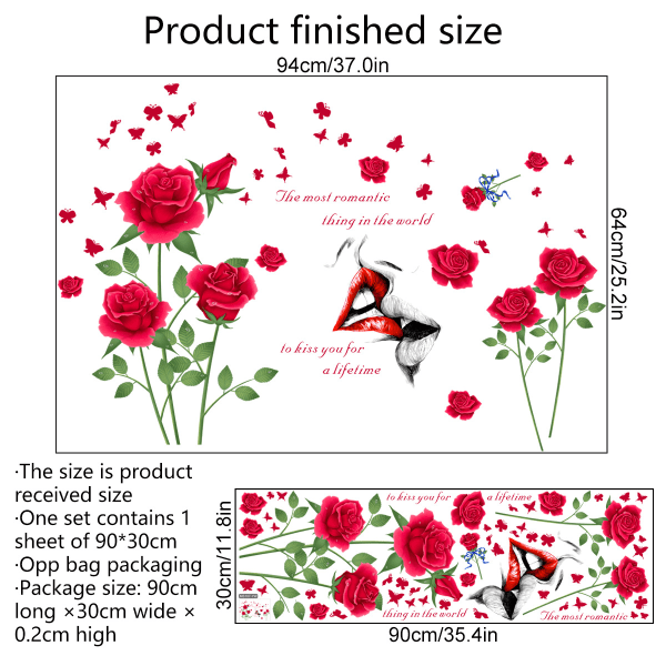 Röda rosblommor väggdekaler blommiga självhäftande väggkonstdekaler för flickors sovrum vardagsrum TV-bakgrund