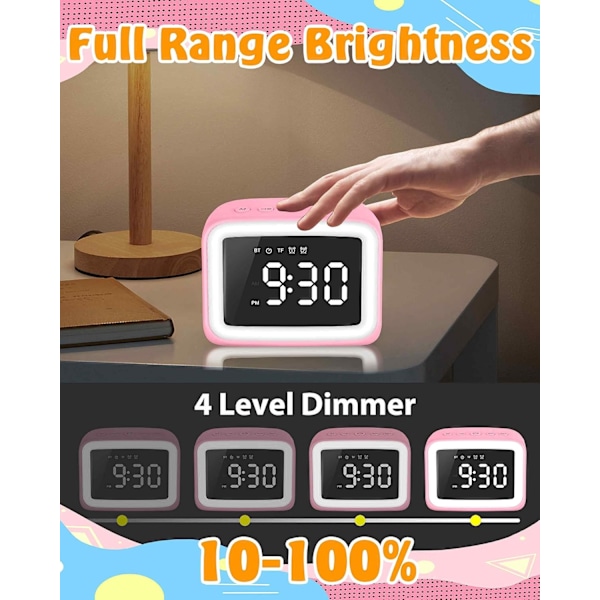 Barnealarmklokke med Bluetooth-høyttaler for soverom, Ok to Wake-alarmklokke for barn med dimbart nattlys, digital klokke med doble alarmer, slumre Pink