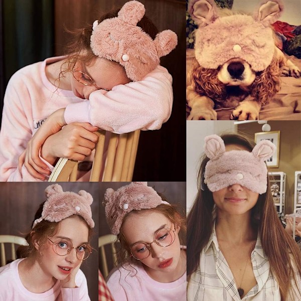 Dam Plysch Kanin Ögonmask Söt Sovmask Ögonskydd Luddiga Kaninöron Ögonskugga för Resor Tupplur Nattsömn Blinder (Rosa R