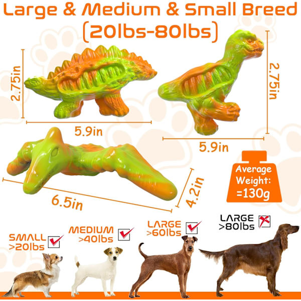 Hundleksaker, 3-pack oförstörbara tuffa hundtuggleksaker för aggressiva tuggare, nylon hundbenleksaker med baconsmak dinosaurie tuggleksaker för L