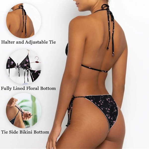 Bikinis baddräkt set för kvinnor baddräkt triangel baddräkt slips string trosa Black L