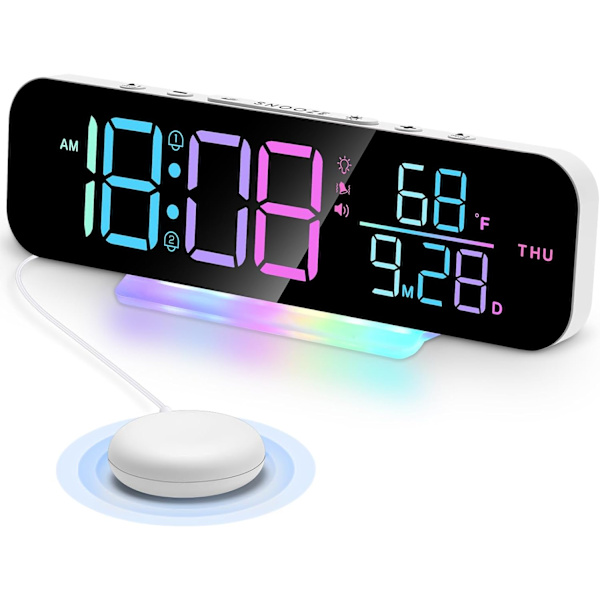Superhøj Vibrerende Vækkeur med Sengeshaker, Stort LED Digital Display, Nattelys, Ideel til Tunge Sovere, Voksne, Hørehæmmede Døve Seniorer White
