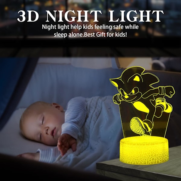 3D Sonic The Hedgehog Animelampa, Fjärrkontroll med 16 Färgväxlande Rum Dekoration Nattlampa Födelsedag Julgåvor för Barn, Pojkar, Flickor