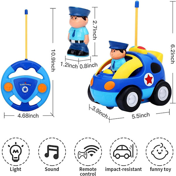 Min Första Cartoon RC Fjärrstyrda Bilar för Småbarn 1-3 År, Radiostyrd Leksak för Baby, Barn 18 Månader+ (Polisen) Blue