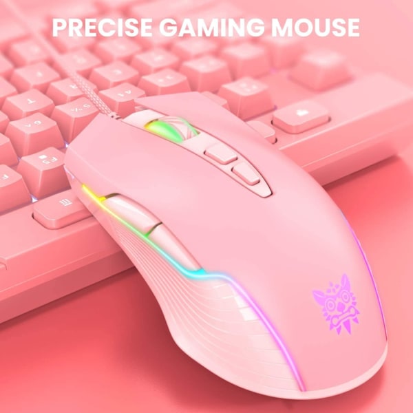 RGB Spelmus Trådbunden, USB Optisk Datormus med RGB Bakgrundsbelysning, 6 Justerbara DPI Upp till 6400, med 7 Programmerbara Knappar Pink