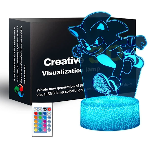 3D Sonic The Hedgehog Animelampa, Fjärrkontroll med 16 Färgväxlande Rum Dekoration Nattlampa Födelsedag Julgåvor för Barn, Pojkar, Flickor