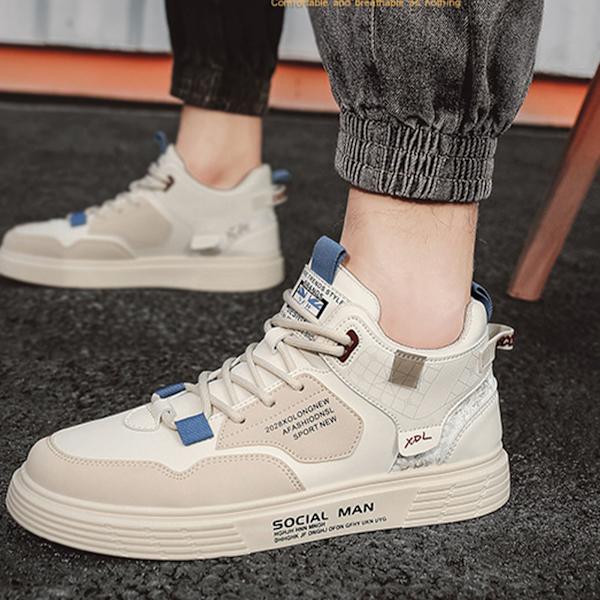 Herr High Top Skor Casual Sports Läder Ovandel Gummisula Bekväma Herr Board Skor för Höst Vinter Beige 41