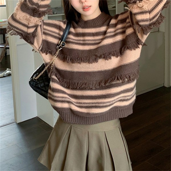 Dam Fashion Långärmad Randig Färgblock Stickad Tröja Rund Hals Lös Pullover Jumper Toppar