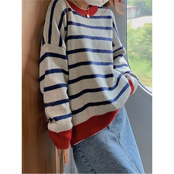 Dam tröja med rund hals, lång ärm, färgblock, stickad tröja, casual pullover