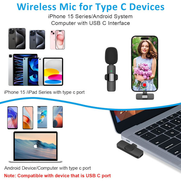 Trådløs Lavalier Lapel Mikrofon til iPhone 15 Serie/Android/Computer - Bluetooth Mini Telefon Mikrofoner - 2 Klipsmikrofoner med USB C Interface