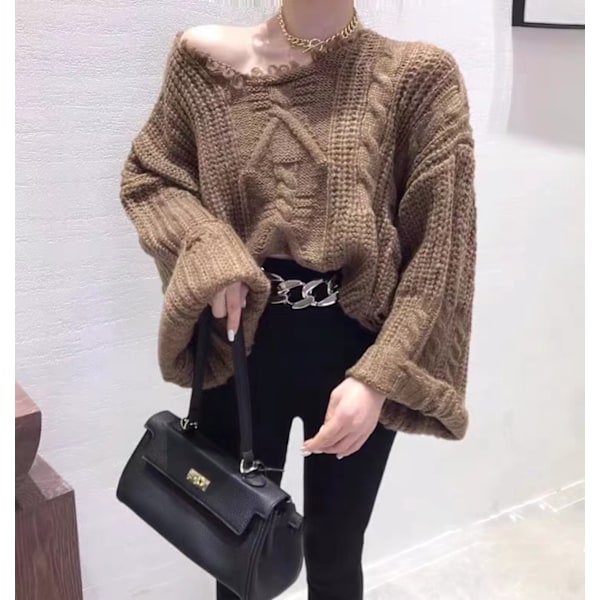 Kvinnors Casual Tassel Bell Långärmad Lös Kabel Stickad Pullover Tröja Jumper Toppar