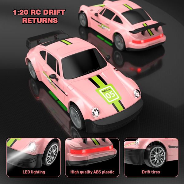 RC Drift -auto 2.4GHz 1:20 mittakaava 4WD 20KM/H Nopea Kaukosäädöllä Ohjattava Auto LED-valoilla Drift-renkailla 2 kpl Latautuvat Akut Leikkiautot Pink