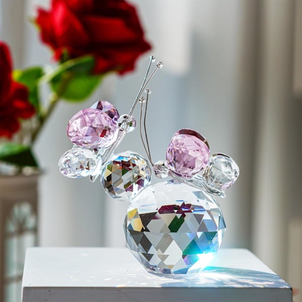 Rosa Kristallskuren Dubbel Fjäril Samlarobjekt, Handgjord Konstglas Djurfigur, Presentförpackad