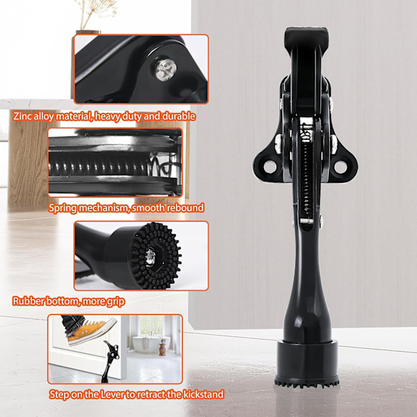 4 tommer kickdown dørstoppere sort, heavy duty dørstop med et tryk og gummipude til bunden af døren, zink, 1 pakke Black