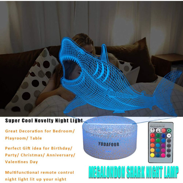 3D Illusion Haj Nattlampa för Barn Megalodon Haj Leksak Jul Födelsedagspresenter för Pojkar Flickor Barn Baby 7 Färger Fjärrkontroll Skrivbordslampa