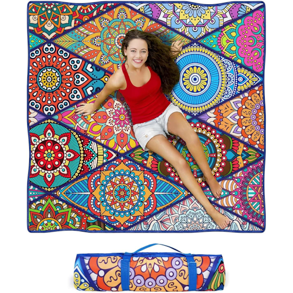 Vanntette Pikniktepper Sammenleggbare og Bærbare 203x203 cm Boho Piknikmatte for Utendørsbruk, Stort Vaskbart Piknikteppe for Reise og Camping
