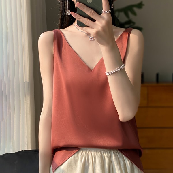 Silke Silke Skulderrem Dame Vest 2024 Sommer Ny Slim-fit V-hals Kort Elegant Inder Top T-shirt Brick Red M